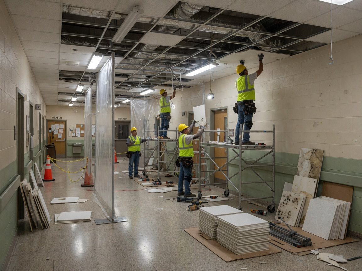 Illustrative: crew replacing acoustic drop-ceiling tiles in a government facility common-area corridor