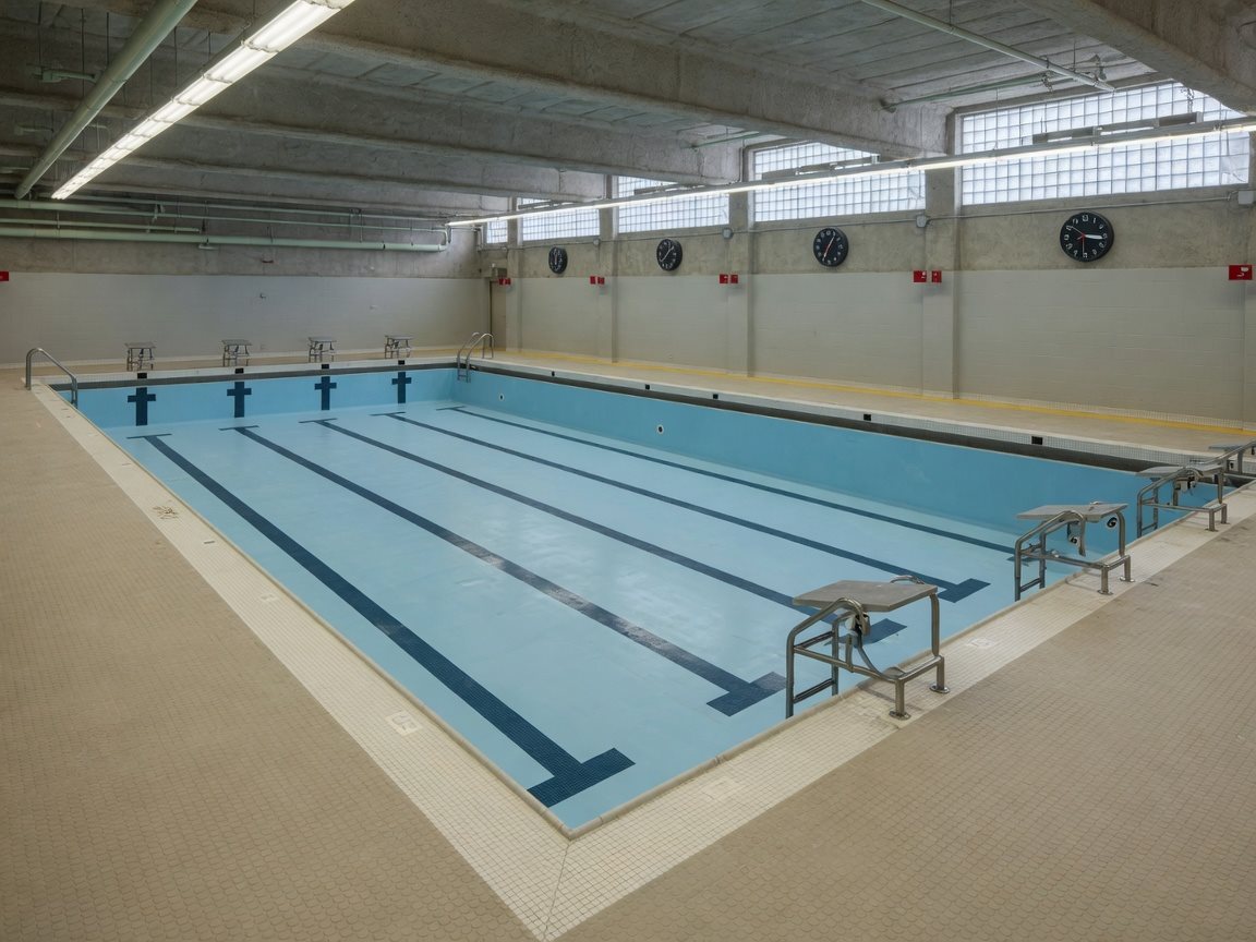 Illustrative: freshly resurfaced indoor institutional swimming pool with new plaster finish and lane lines