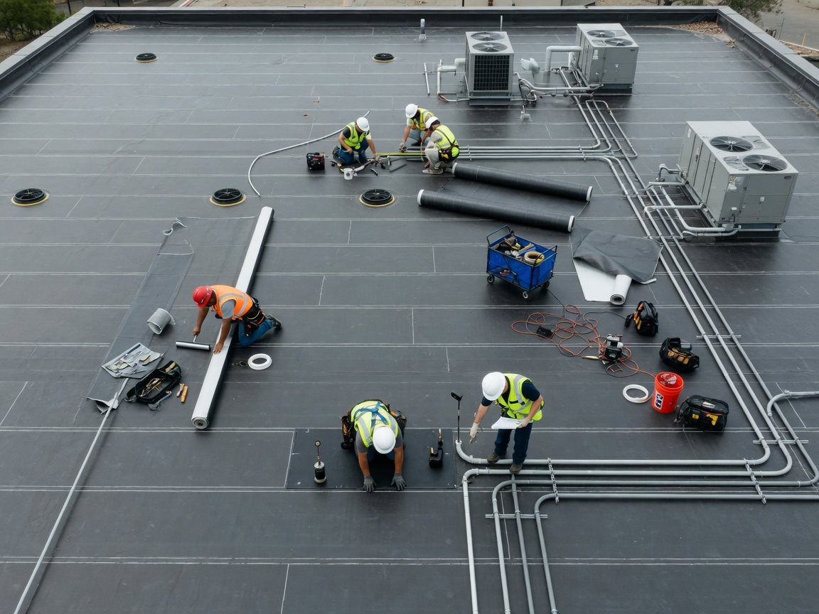 Illustrative: overhead view of crew performing commercial flat-roof membrane maintenance